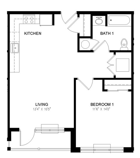 Floor plan for 1 bed, 1 bath, 643 sqft